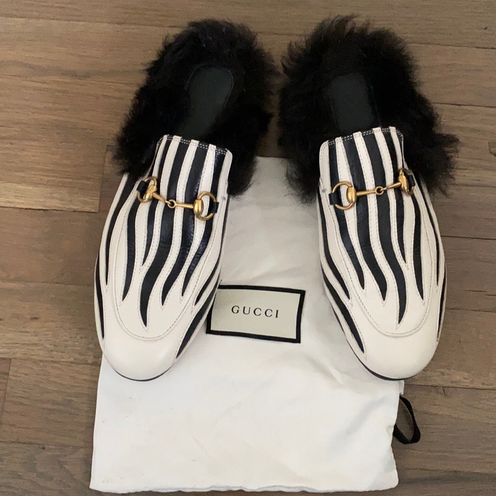 Gucci Zebra Stripe Mules with Gold Detail